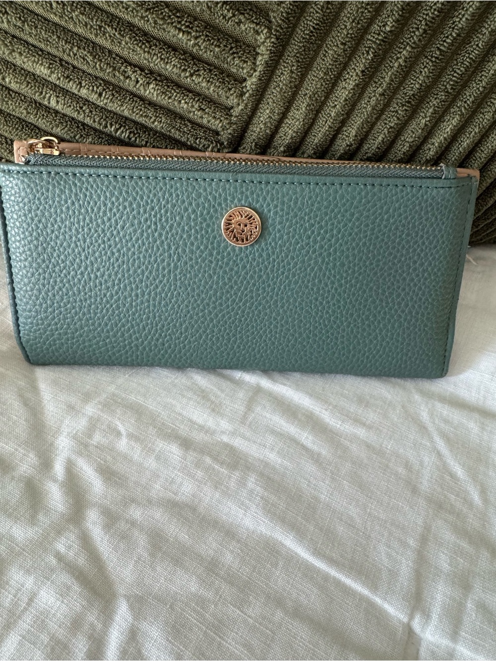 Anne Klein Teal Pebbled Zip Wallet with Gold Emblem
